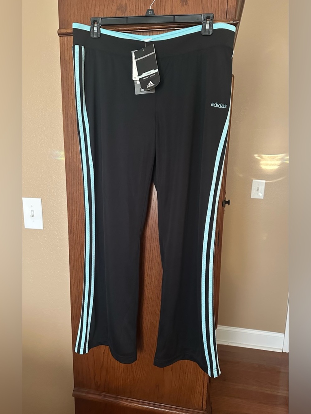 adidas Black Track Pants with Ice Blue Side Stripes
